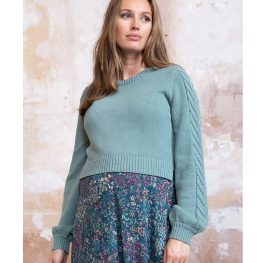 Seraphine Sage Green Crew Neck Cable Sleeve Sweater